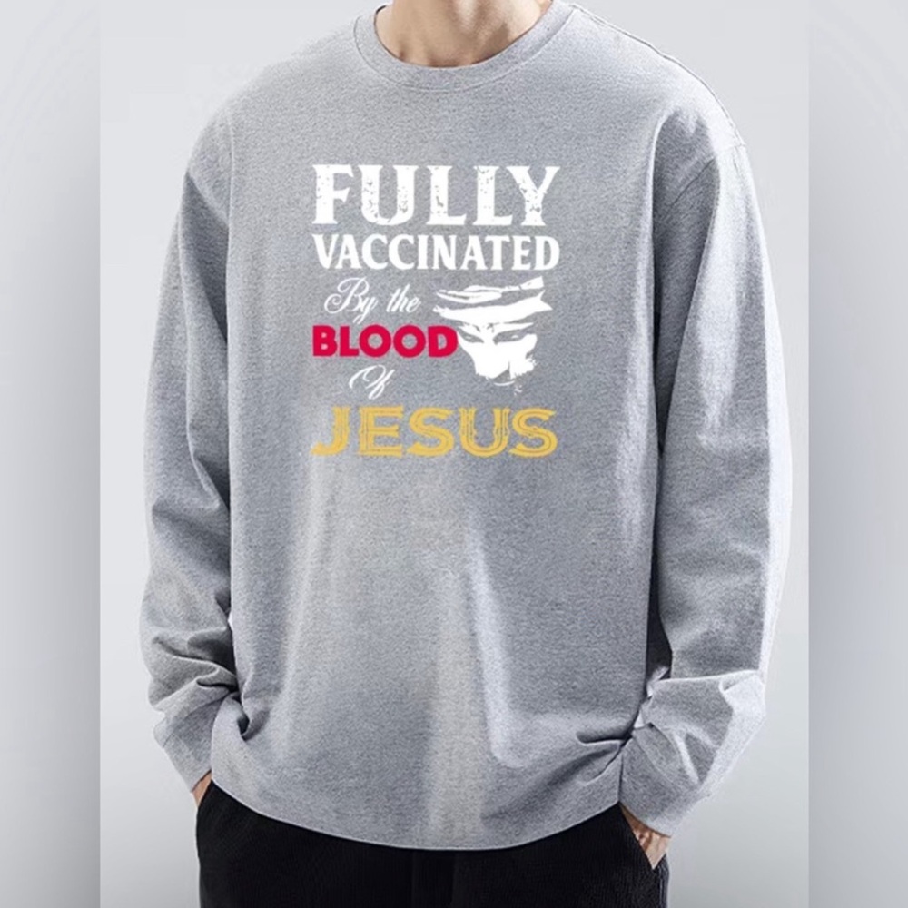 Mens “Vaccinated by Jesus” LS Graphic Tee